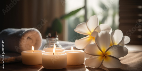 Spa, massage and body treatment composition, with towels, candles and plumeria flowers