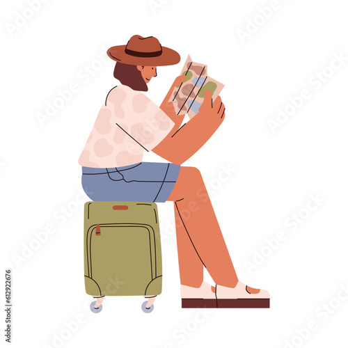 Pretty girl traveler sits on suitcase and studies map, Vector isolated illustration of disproportionate line art characters