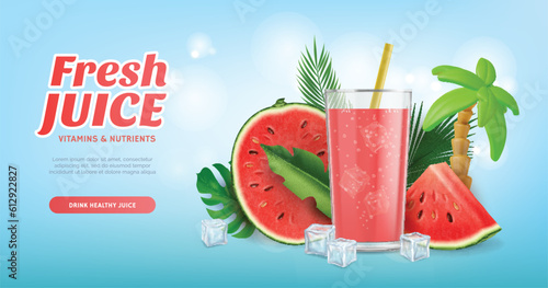 Realistic Detailed 3d Watermelon Fresh Juice Ads Banner Concept Poster Card. Vector illustration of Fruit Summer Cocktail Drink