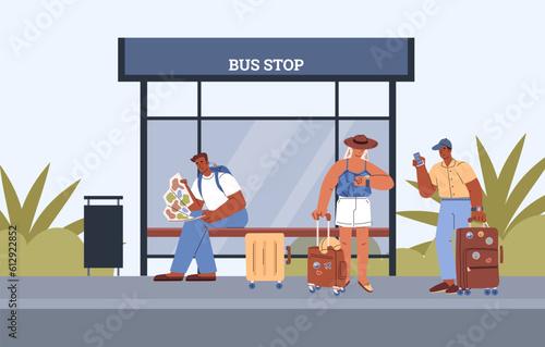 Vector illustration of people waiting at the bus stop, transport station, man studies map, checks ticket, woman looks at her watch
