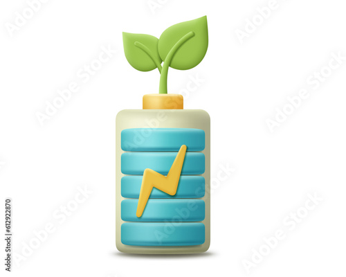 3d battery eco energy with green leaf icon. Render 3d battery icon for eco-friendly, green, clean, environmental alternative energy concept. 3d rendering realistic plastic battery cartoon illustration