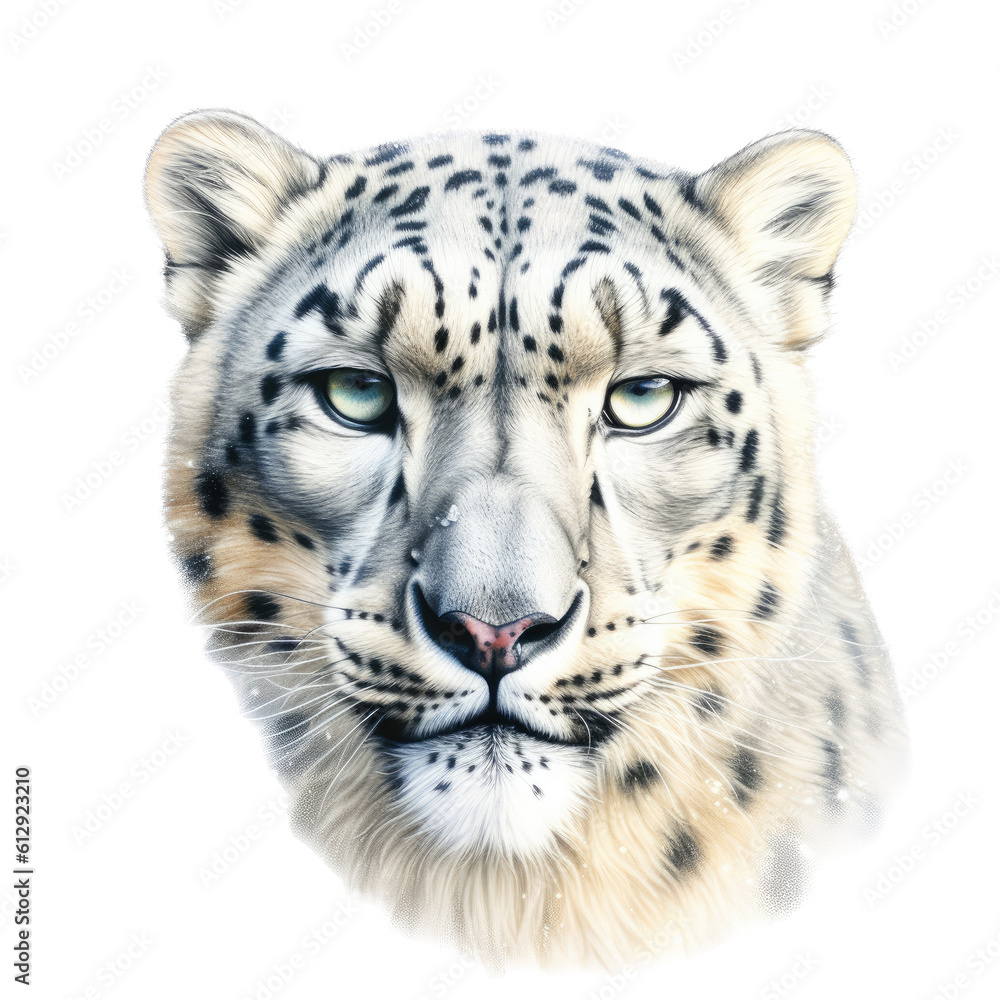 describing a Snow Leopard portrait, full face, big cat, majestic