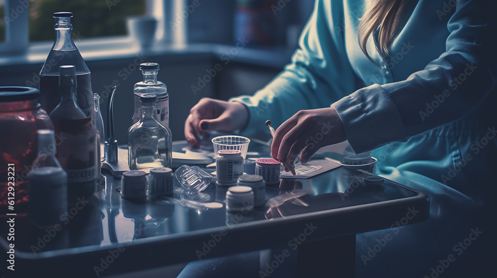 Nurse makes preparations on the table.Created with Generative AI technology. Nurse makes preparations on the table.Created with Generative AI technology.