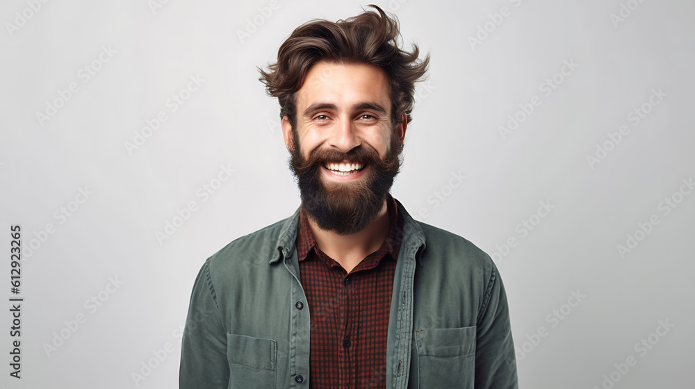 Close up portrait of stylish handsome bearded man smiling.Created with Generative AI technology. Close up portrait of stylish handsome bearded man smiling.Created with Generative AI technology.