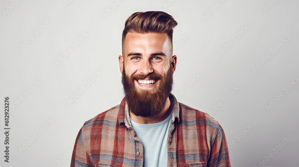 Close up portrait of stylish handsome bearded man smiling.Created with Generative AI technology. Close up portrait of stylish handsome bearded man smiling.Created with Generative AI technology.