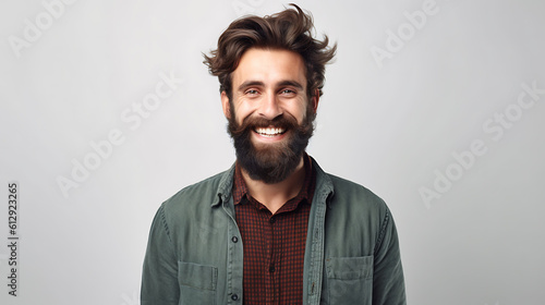 Close up portrait of stylish handsome bearded man smiling.Created with Generative AI technology. © MP Studio