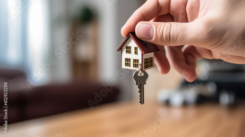 Man holding key with keychain in a house shape against the interior of his new home.Created with Generative AI technology.