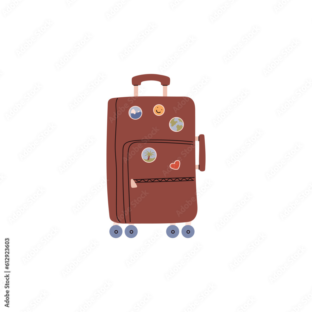 Brown suitcase decorated with cute stickers flats style, vector illustration Brown suitcase decorated with cute stickers flats style, vector illustration