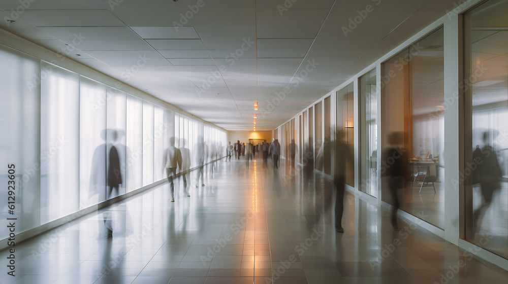 People rushing through office corridor. Blur. Created with Generative AI technology.