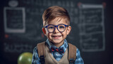 Little boy smiling while standing against a school blackboard.Created with Generative AI technology.
