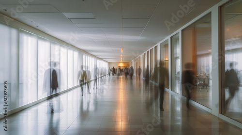 People rushing through office corridor. Blur. Created with Generative AI technology.
