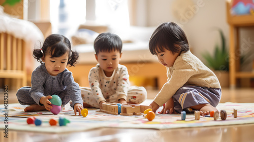 Three young asian children playing with a wooden construction set on the floor.Created with Generative AI technology.