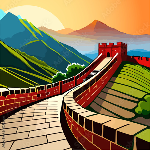 Explore the Majestic Great Wall of China in Cartoon Vector Art, and illustration, with sunrise, the world wonder, China, Beijing, Tianjin, sun, morning scenery