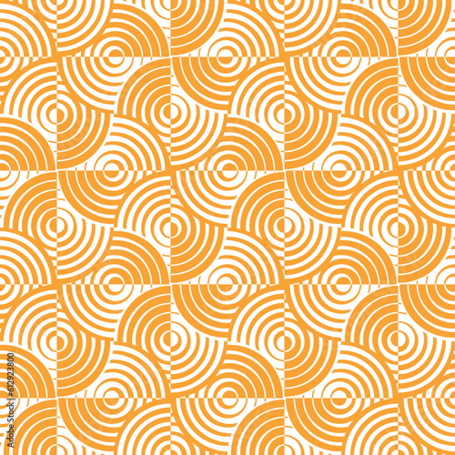 Seamless pattern of concentric yellow circles on a white background. Striped geometric texture. Modern design of a traditional japanese motif. Vector illustration for textile, wrapping, and print. 