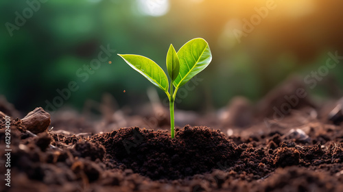 Young seedling is growing from the soil. Created with Generative AI technology.