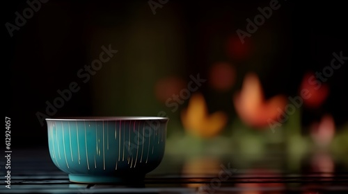 A blue fancy ceramic bowl at the table indoor. Generative AI technology.