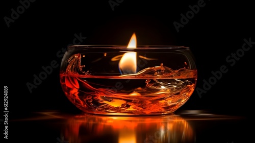 Burning decorative candle in a glass jar, isolated on a black dark background studio shot reflective. Generative AI technology.
