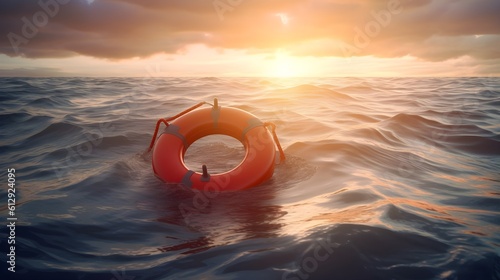 Buoys floating in the ocean, cloudy sky and evening sunset light. concept for vacation, missing person, drown, tragedy search and rescue. Generative AI technology.