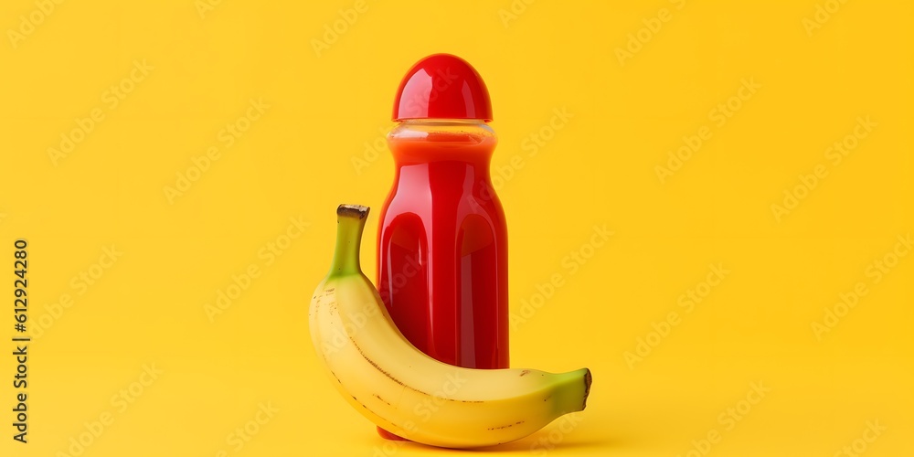 Banana ketchup advertising concept. Yellow background. Unusual product