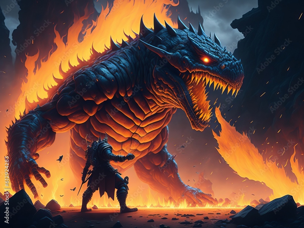 Fire breathes explode from a giant monster in the night fighting against a knight. Generative AI
Fire breathes explode from a giant monster in the night fighting against a knight. Generative AI