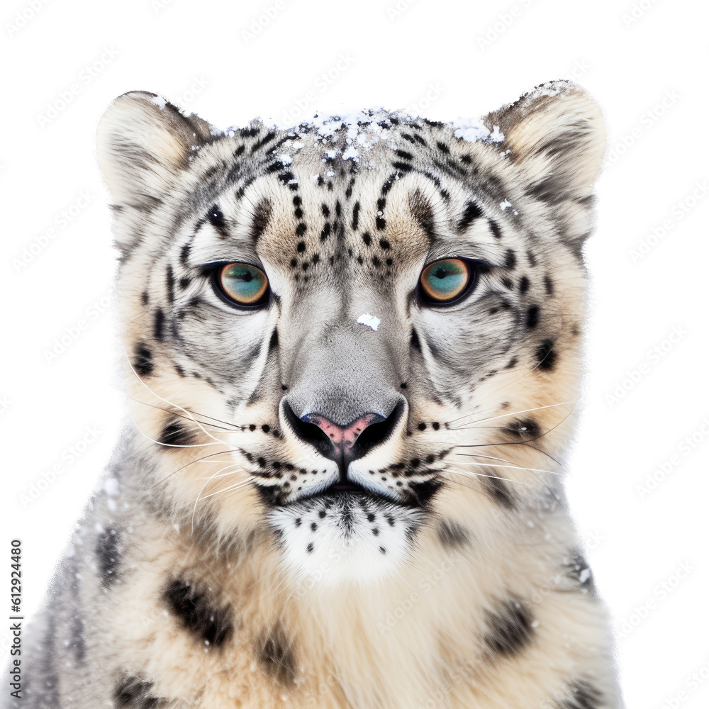 a Snow Leopard portrait, full face, big cat, majestic creature, Wildlife-themed, photorealistic illustrations in a PNG, cutout, and isolated. Generative AI