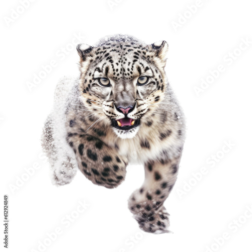  a Snow Leopard running, front view, full body, aggressive, Wildlife-themed, photorealistic illustrations in a PNG, cutout, and isolated. Generative AI