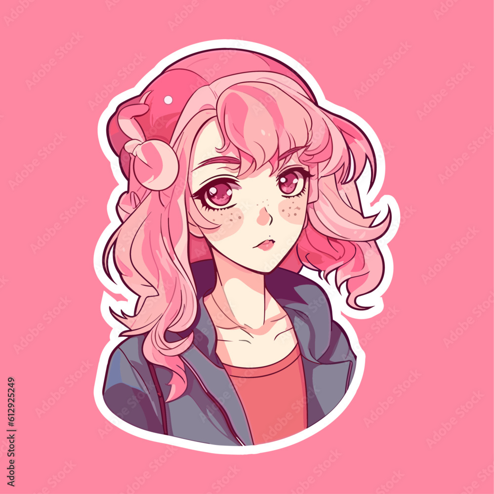 Vector illustration girl with pink hair japaneese anime style with big eyes Manga Anime cute girl Cartoon trendy sticker isolated Vector illustration girl with pink hair japaneese anime style with big eyes Manga Anime cute girl Cartoon trendy sticker isolated