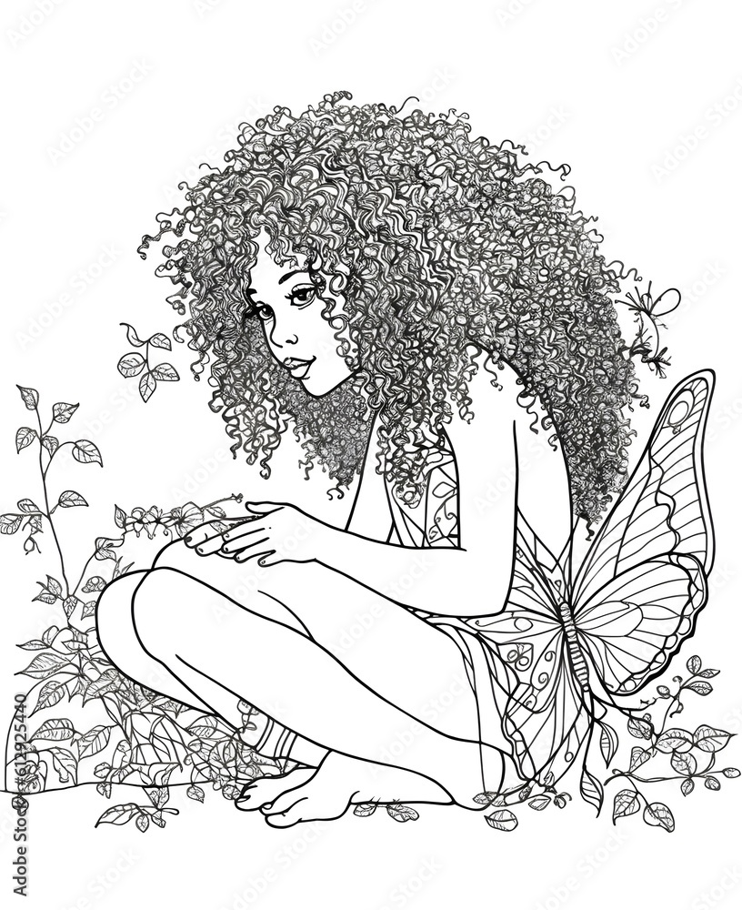 Ink drawing coloring page for children, a beautiful half-length fairy ...