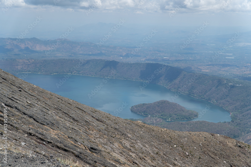 Wide shot showing crater lake at  Santa Ana Volcano in the country of El Salvador.