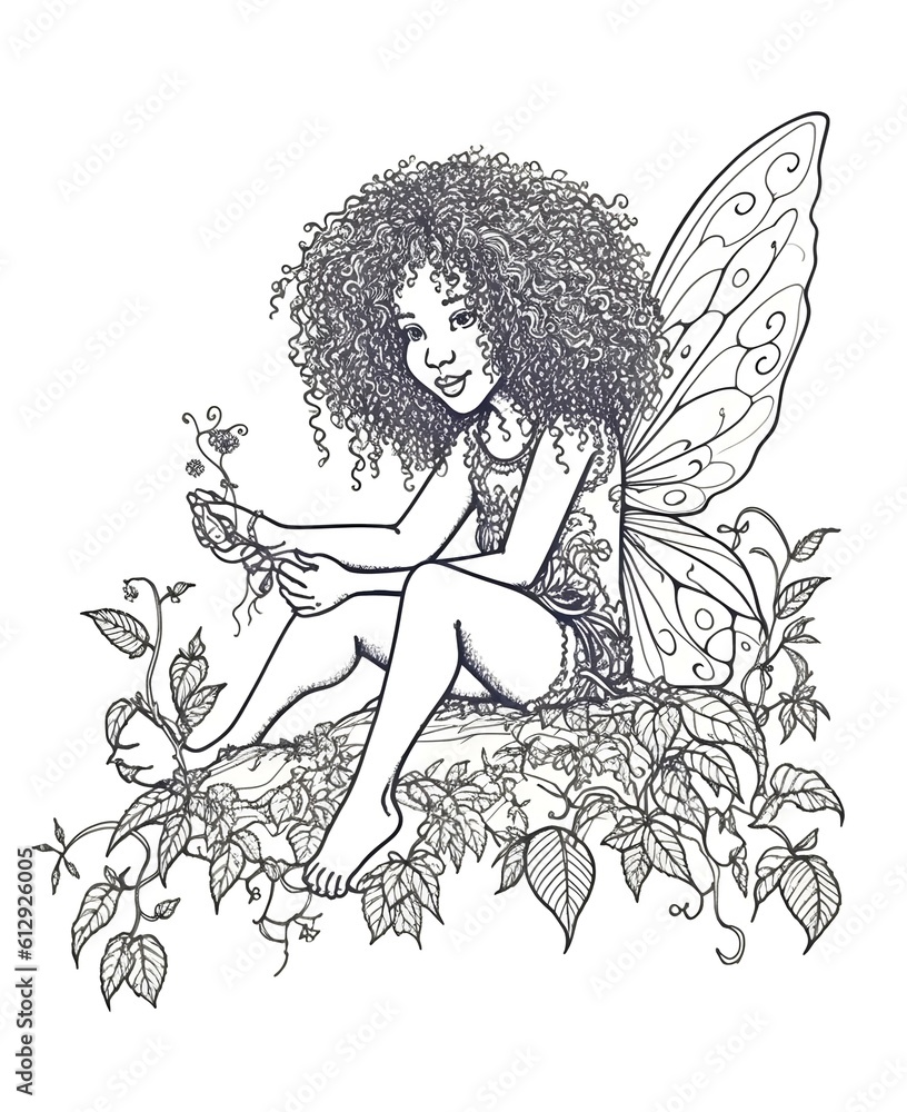 Ink drawing coloring page for children, a beautiful half-length fairy ...