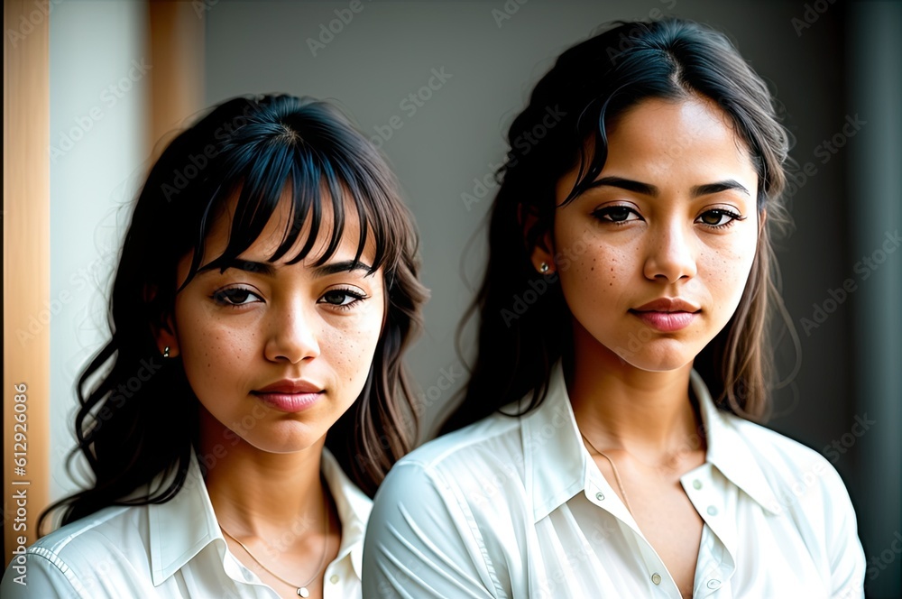 A woman in white blouse stands in meeting room. Two beautiful sexy brunette hair woman wear same dress beige and blouse and skirt clothes casual street style. Looking at camera. Generative AI A woman in white blouse stands in meeting room. Two beautiful sexy brunette hair woman wear same dress beige and blouse and skirt clothes casual street style. Looking at camera. Generative AI