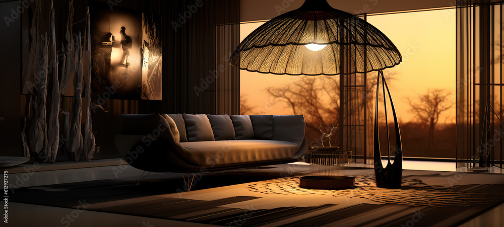 Beautiful chill house design, exotic room, big sofa, lamp with calid colors. Generative AI