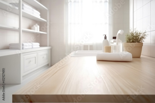 White bathroom interior. Empty wooden table for product display. Generative AI