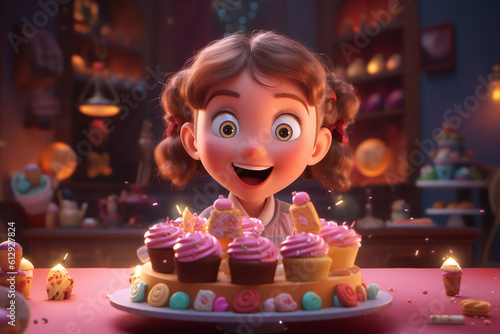 Cartoonish closeups of a happy little girl holding her birthday cake to enjoy her party, created with AI generator 