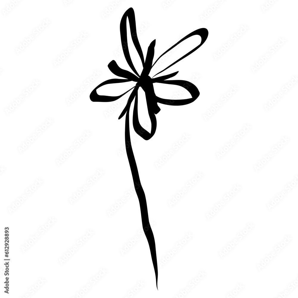 Flower Icon. Simple Hand Drawn Floral Element. Black Sketch ink Drawing Plant. Wildflower