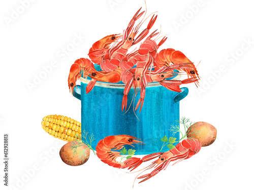 Seafood Crawfish Boil, Louisiana clipart, Shrimps, Fish, Beer, Squid Kitchen  Illustration, printable poster.  Isolated element on a white background. Hand painted in watercolor.