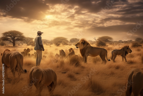 adventurer and herd of Lion in the savannah generative AI 