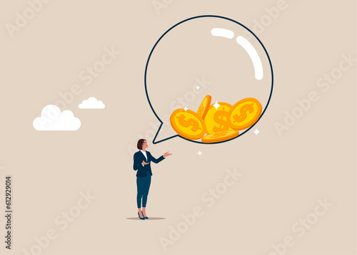Speech bubble filled with metal dollar coins with woman. Money talks. Flat vector illustration