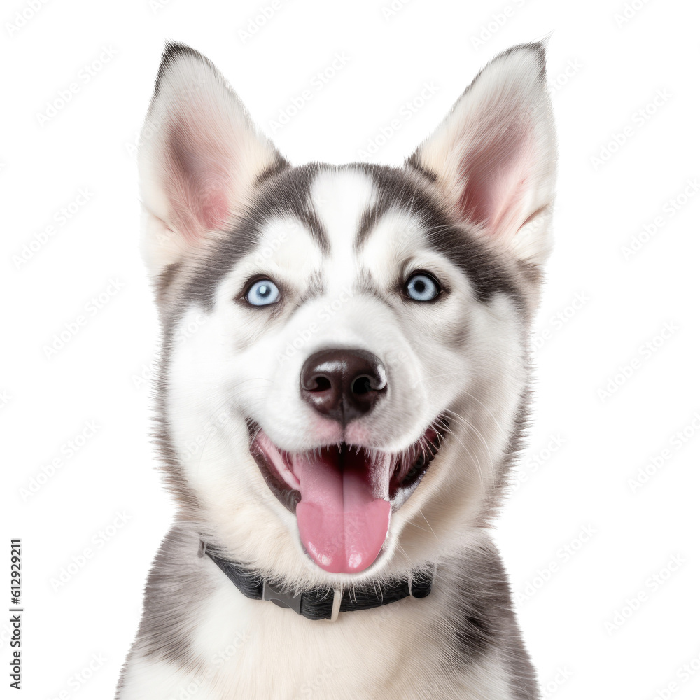 an adorable Siberian Husky puppy, Portrait, happy, smiling, and fun, Pet-themed, photorealistic illustrations in a PNG, cutout, and isolated. Generative AI