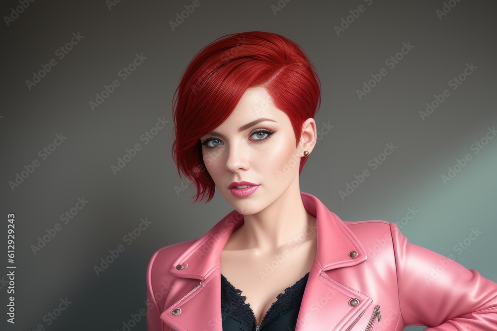 Attractive Young short red hair business lady looking into camera. Beautiful business women with bob hair and in pink leather jacket posing with colorful background for presentation. Generative AI Attractive Young short red hair business lady looking into camera. Beautiful business women with bob hair and in pink leather jacket posing with colorful background for presentation. Generative AI