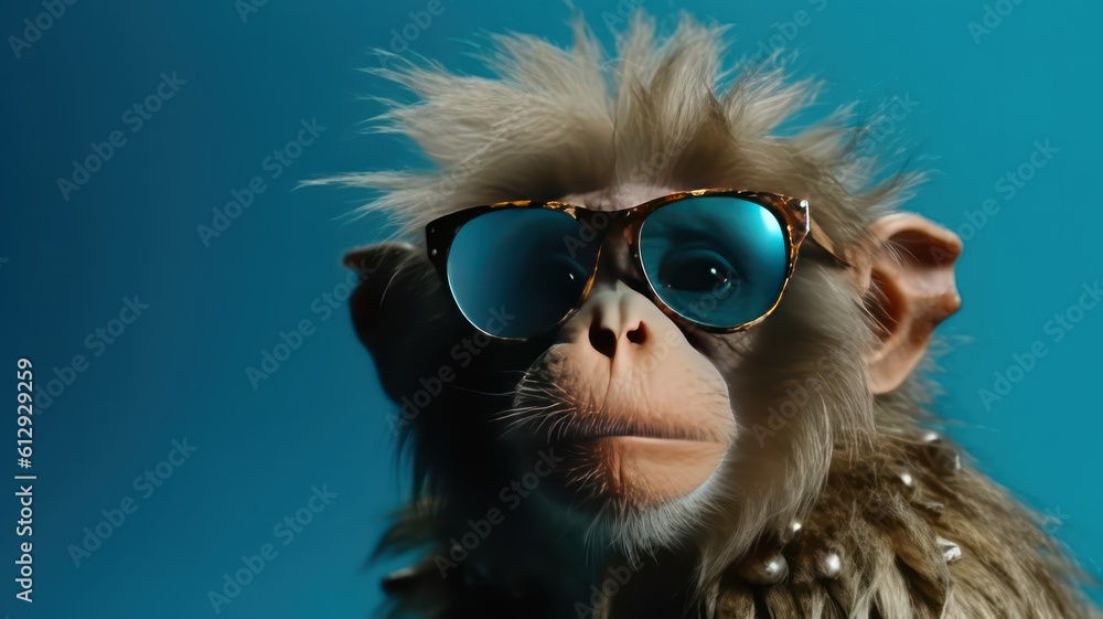 Funny monkey with sunglasses in front of blue studio background. Generative AI