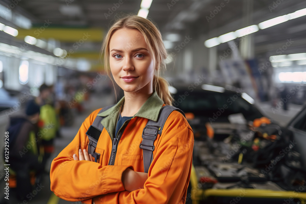 Woman car factory worker. Created with AI. Woman car factory worker. Created with AI.