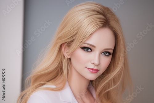 Young blonde businesswoman looking into camera in her office. Beautiful business woman with blond hair and in a white jacket posing for a picture with a pastel background. Generative AI