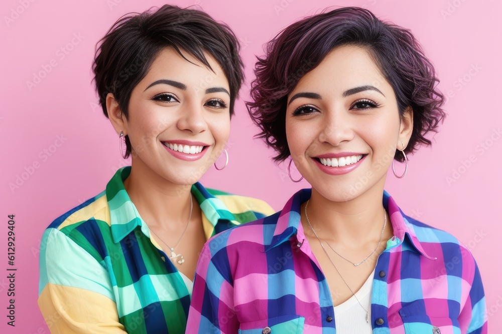 portrait of beautiful couple of happy cute smiling brunette short haired women in casual blue and white hipster checkered flannel shirt and striped blouse. Positive emotions. Friendship. Generative AI portrait of beautiful couple of happy cute smiling brunette short haired women in casual blue and white hipster checkered flannel shirt and striped blouse. Positive emotions. Friendship. Generative AI