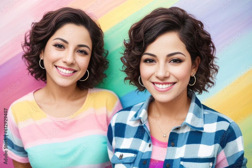 portrait of beautiful couple of happy cute smiling brunette short haired women in casual blue and white hipster checkered flannel shirt and striped blouse. Positive emotions. Friendship. Generative AI
