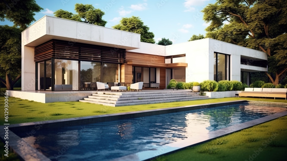 luxurious modern house with a rectangular swimming pool in the yard on a summer sunny day