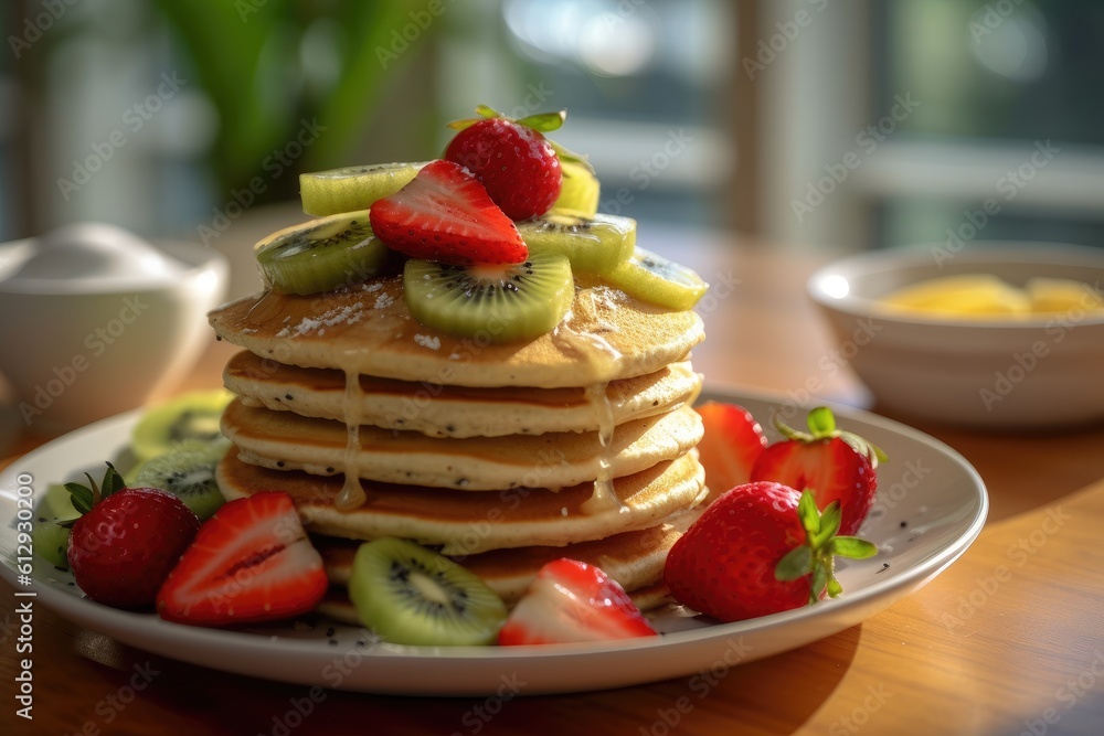 Plate with tasty pancakes and berries on kitchen table, AI Generative