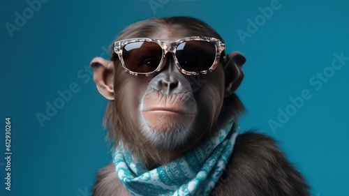 Funny monkey with sunglasses in front of blue studio background. Generative AI © Unionproject