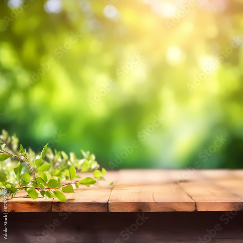 wooden table in nature with green leaves near natural background