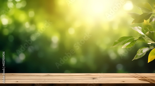 wooden table with green grass and flowers on bright background
